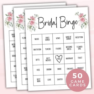 Bingo para novias en rosa, juego para fiesta de despedida de soltera, 50 tarjetas de bingo para bodas imprimibles, actividad para bodas, juego grupal, juego para despedida de soltera