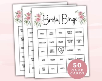 May include: Fifty printable bridal bingo cards with a floral design featuring pink flowers and green leaves. The cards have a 5x5 grid with squares containing words related to a wedding, such as "first dance", "vows", "maid of honor", and "reception".