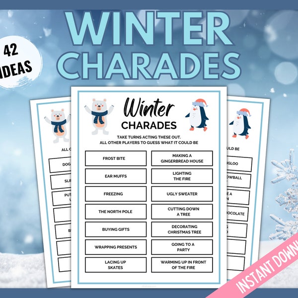 Winter Charades, Winter Pictionary, Holiday Games, Winter Games for Kids, Teens and Adults, Family Charades, Wintertime Activity