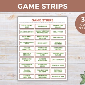 以下が含まれることがあります： 「GAME STRIPS」というタイトルの印刷されたゲームで、30個のゲームストリップがあります。ゲームストリップはグリッド状に配置され、さまざまな聖書のテーマとアクティビティが特徴です。背景は明るい木目調です。