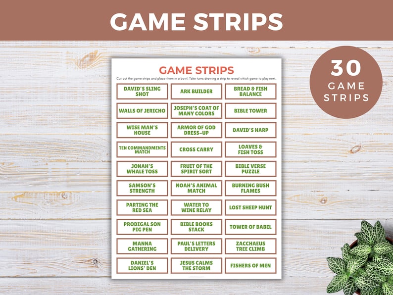 以下が含まれることがあります： 「GAME STRIPS」というタイトルの印刷されたゲームで、30個のゲームストリップがあります。ゲームストリップはグリッド状に配置され、さまざまな聖書のテーマとアクティビティが特徴です。背景は明るい木目調です。