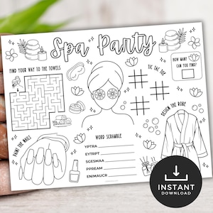 May include: Black and white spa party activity sheet with illustrations of spa-related items. Includes a maze, tic-tac-toe, word scramble, and design the robe. The sheet is held by a person.