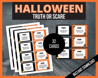Puede incluir: Un juego de Halloween imprimible con 32 cartas. Las cartas son de color naranja y negro con un diseño de telaraña. Las cartas tienen las palabras "Truth or Scare" impresas en ellas. Las cartas están diseñadas para un juego de fiesta de Halloween.