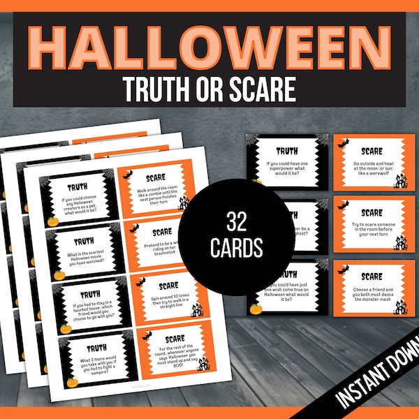 Halloween Truth or Scare, Truth or Dare Halloween Game, Halloween Printable Games for Kids, Teen Halloween Game, Halloween Game for Tweens