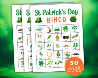 St Patrick's Day Bingo, Saint Patricks Day Games, St Paddy day Bing, St. Patrick's Themed Bingo, 50 Printable St Patrick's Day Bingo Cards