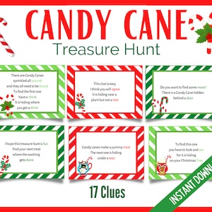 Candy Cane Treasure Hunt, Christmas Treasure Hunt, Candy Cane Christmas Party Games, Candy Cane Scavenger Hunt, Indoor Treasure Hunt Clues image 1