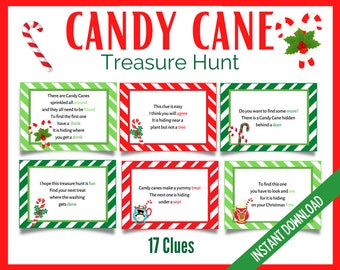 Candy Cane Treasure Hunt, Christmas Treasure Hunt, Candy Cane Christmas Party Games, Candy Cane Scavenger Hunt, Indoor Treasure Hunt Clues