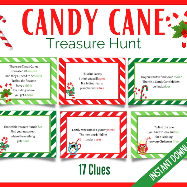 Candy Cane Treasure Hunt, Christmas Treasure Hunt, Candy Cane Christmas Party Games, Candy Cane Scavenger Hunt, Indoor Treasure Hunt Clues