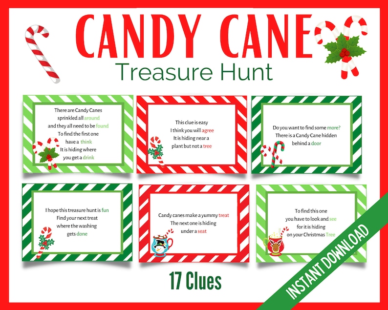 Candy Cane Treasure Hunt, Christmas Treasure Hunt, Candy Cane Christmas Party Games, Candy Cane Scavenger Hunt, Indoor Treasure Hunt Clues image 1