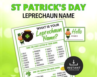 St Patrick's Day What's Your Leprechaun Name, Printable St Patrick Games, St Patrick's Classroom Game, St Patrick Games for Kids,Family Game
