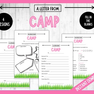 Carta imprimible del campamento, papelería del campamento de verano, campamento de verano para niños, plantilla de carta de campamento para completar los espacios en blanco, carta de campamento rosa