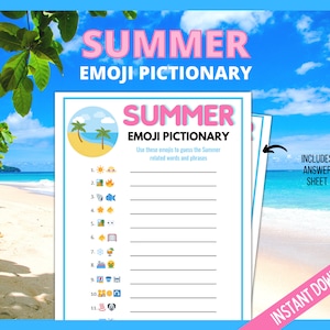 Summer Emoji Pictionary, Summer Emoji Printable Quiz, Summer Pool Party, Emoji Game, Summer family trivia, Kids Quiz, Summer Activities