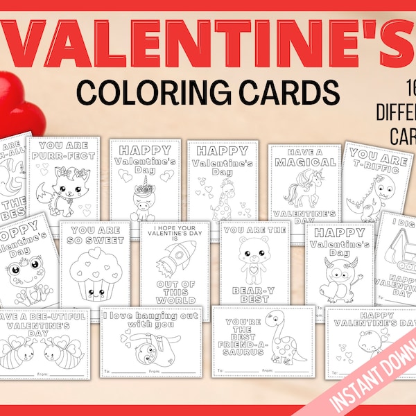 Valentine Coloring Cards, Printable Valentine's Day Cards, Kids Valentines Cards, Printable Coloring Valentines Cards, Classroom Cards