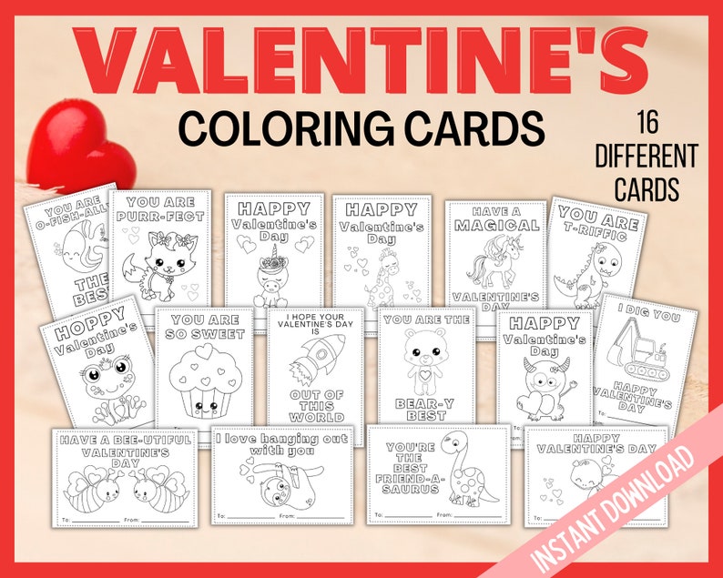 Valentine Coloring Cards, Printable Valentine's Day Cards, Kids Valentines Cards, Printable Coloring Valentines Cards, Classroom Cards image 1