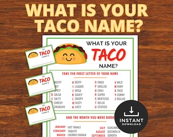 What&#39;s your Taco Name, Cinco de Mayo Printable Game, Mexican Fiesta Game for Kids, Tweens and Adults, Fiesta Name Game, Birthday Party Fun
