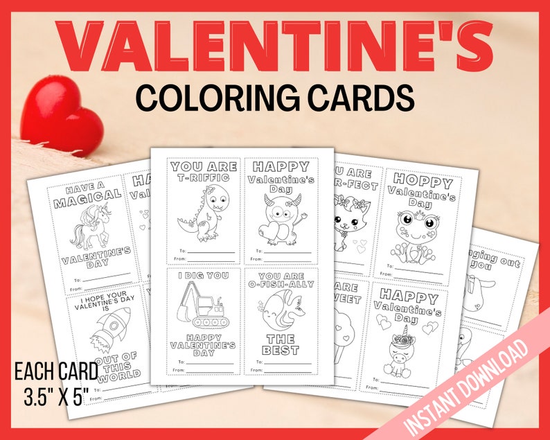 Valentine Coloring Cards, Printable Valentine's Day Cards, Kids Valentines Cards, Printable Coloring Valentines Cards, Classroom Cards image 6