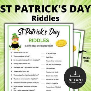 St Patrick&#39;s Day Riddles for Kids, St Paddy&#39;s Day Jokes, St Patricks Day Activity, St Patricks Classroom, Teens, Kids and Adult Party Games