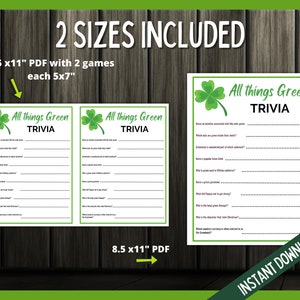 All Things Green Trivia, St Patrick's Day Green Trivia, St Patricks Day Games, Teen St Patricks Day, St Paddy's Party Games, Trivia Game image 3