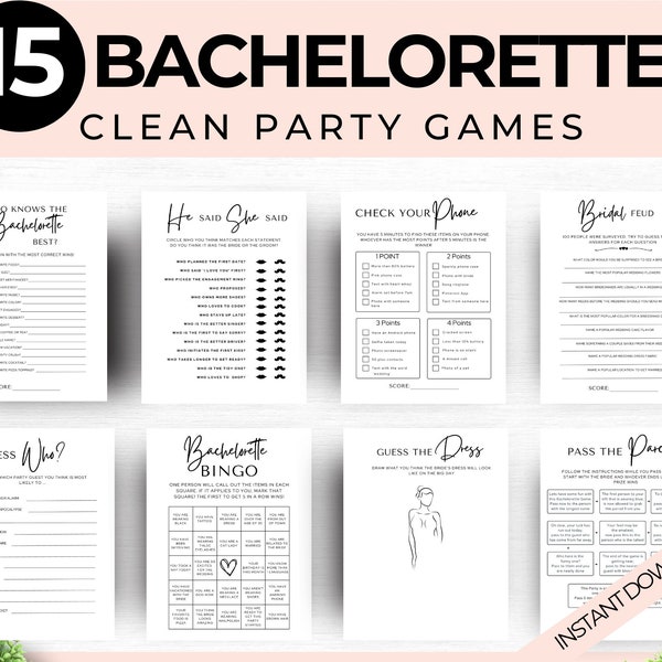 Clean Bachelorette Party Games Bundle, Printable Bridal Games, Bachelorette Games Bundle, Modern Minimalist, Bachelorette Games Printable