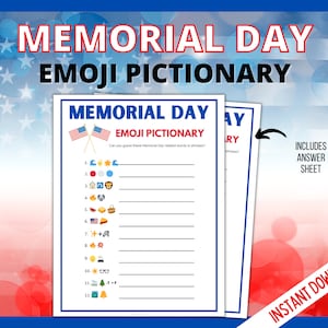 Memorial Day Emoji Game, Emoji Pictionary Game, Memorial Day Party Games for Kids, Patriotic Party Game Tween Games, Teen Games