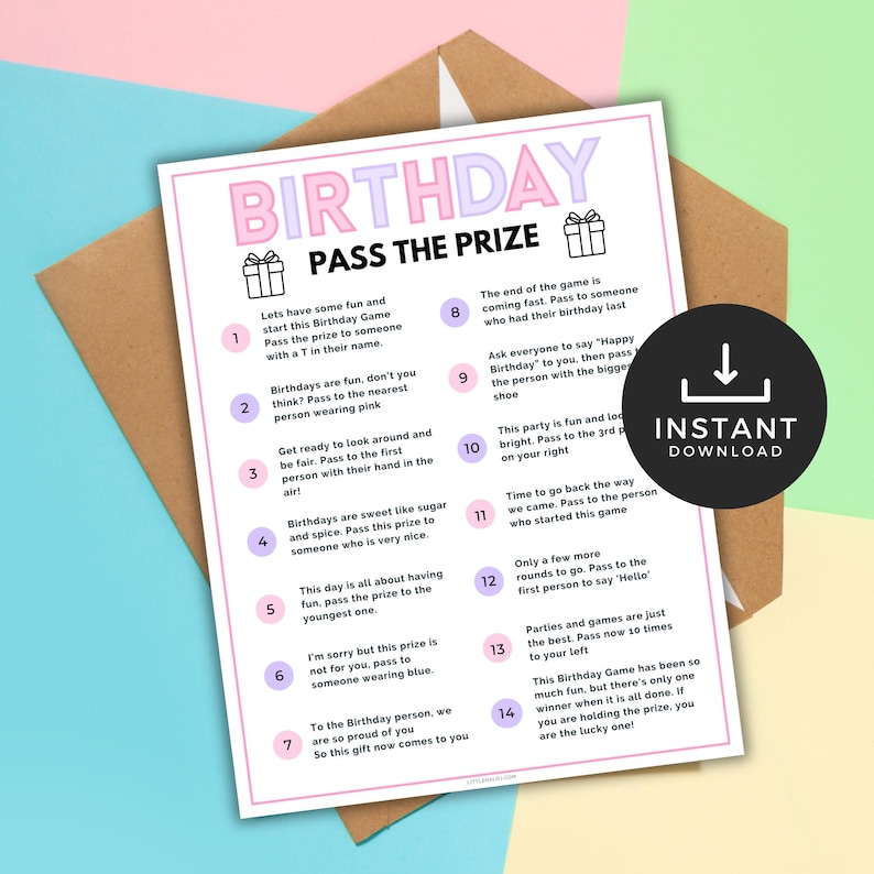 May include: A printable birthday game card with instructions for a "Pass the Prize" game. The card has a pink and purple color scheme with illustrations of presents and a download arrow. The instructions include passing the prize to someone with a "T" in their name, the person wearing pink, the person with their hand in the air, the person who is very nice, the youngest person, the person wearing blue, and the birthday person.