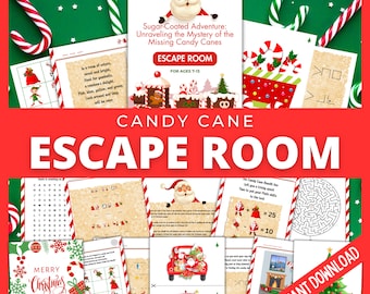 Christmas Candy Cane Escape Room, DIY Escape Room Kit, Christmas Game for Kids and Teens, Family Escape Room Puzzle