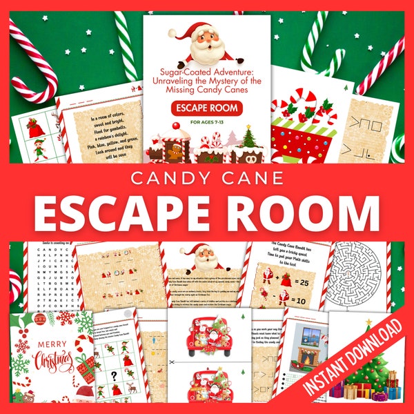 Christmas Candy Cane Escape Room, DIY Escape Room Kit, Christmas Game for Kids and Teens, Family Escape Room Puzzle