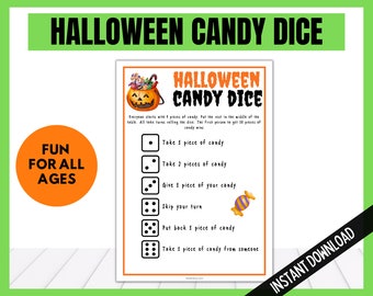 Pode incluir: Instruções de jogo de dados de doces de Halloween imprimíveis com uma ilustração de abóbora. As instruções incluem turnos para rolar os dados e seguir as instruções para cada número de pontos rolados. O jogo é divertido para todas as idades.