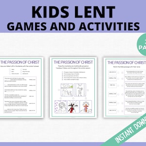 Op de afbeelding: Een printbare set van 30 pagina's met paas-spellen en -activiteiten voor kinderen. De pagina's bevatten zwart-wit illustraties van de Passie van Christus, met titels als "De Passie van Christus" en "Gebruik je bijbel om de lege plekken in te vullen met het juiste antwoord".