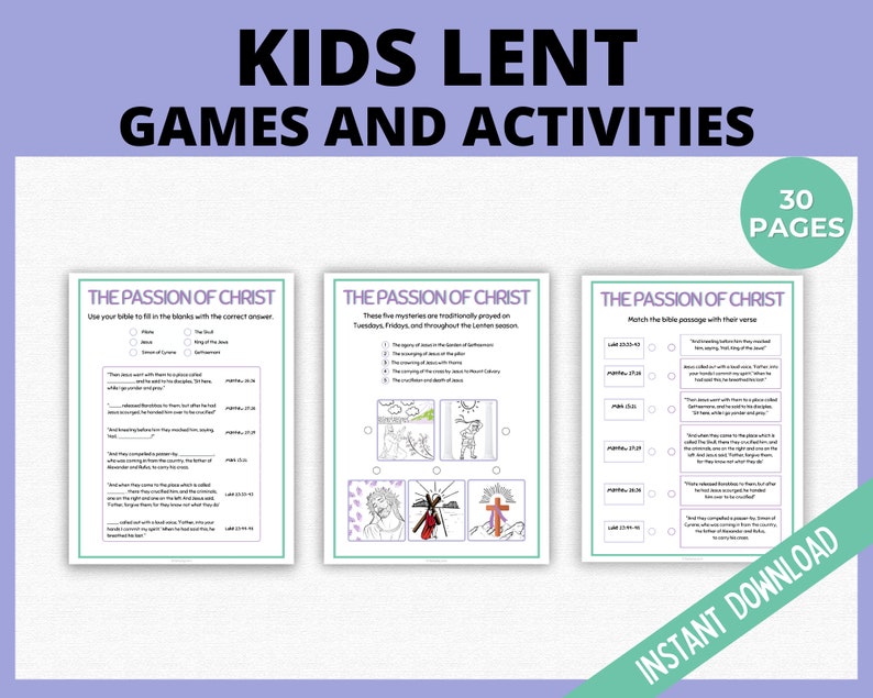 Op de afbeelding: Een printbare set van 30 pagina's met paas-spellen en -activiteiten voor kinderen. De pagina's bevatten zwart-wit illustraties van de Passie van Christus, met titels als "De Passie van Christus" en "Gebruik je bijbel om de lege plekken in te vullen met het juiste antwoord".
