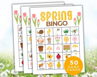 Jeu de bingo du printemps, activité printanière, jeu printanier, classe printanière, Pâques, activité pour enfants, jeu de groupe, 50 cartes de bingo printanière à imprimer