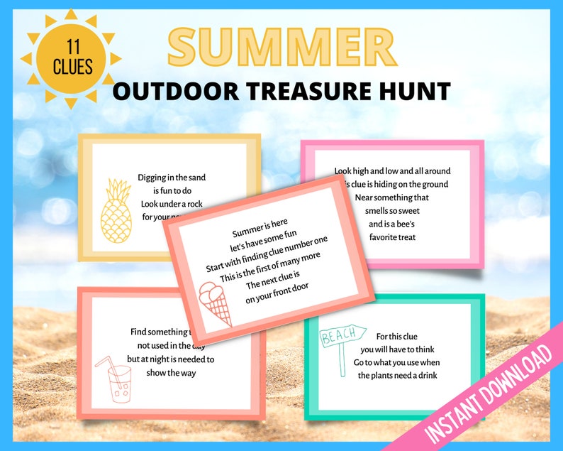 May include: A set of 11 colorful cards with instructions for an outdoor treasure hunt. The cards have summer-themed illustrations and text that reads "Summer Outdoor Treasure Hunt".