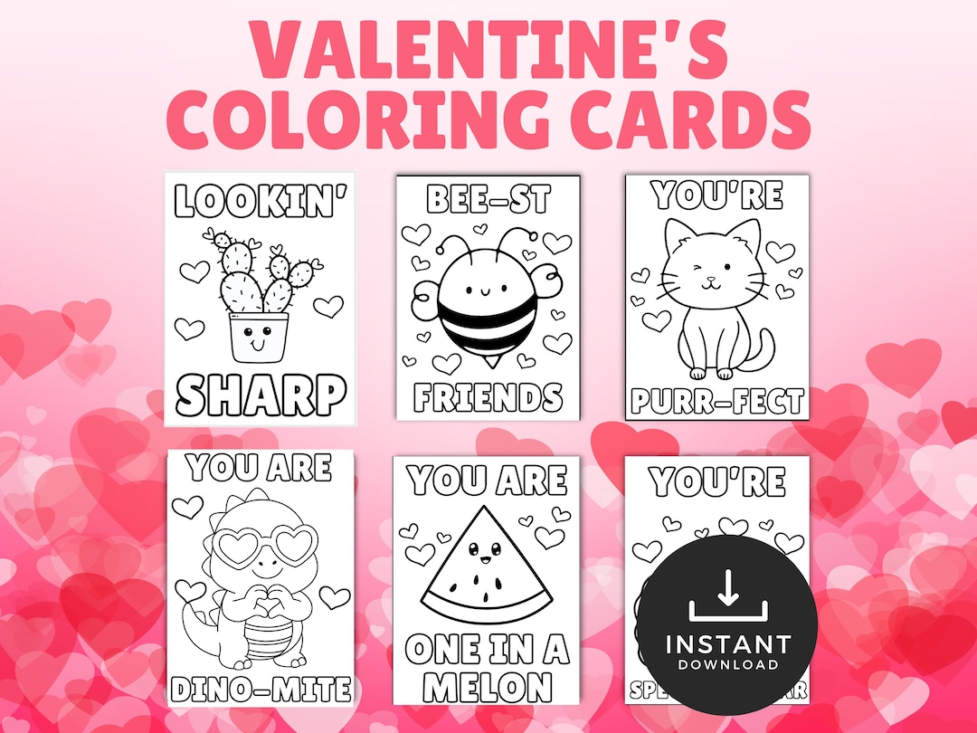 Valentine's Day Coloring Cards, Kids Classroom Valentines (printable ...