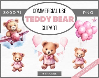 Watercolor Teddy Bear Clip Art, Clipart Pack, Baby Shower for girl, Clipart for commercial use, Transparent PNGs, Cute Pink Teddybear