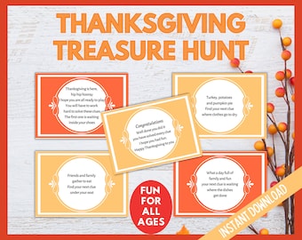 May include: Orange and red printable Thanksgiving treasure hunt game cards with white text. The cards have clues for a scavenger hunt. The text on the cards includes "Thanksgiving is here, hip hip hooray", "Friends and family gather to eat", "Turkey, potatoes and pumpkin pie", and "What a day full of family and fun".