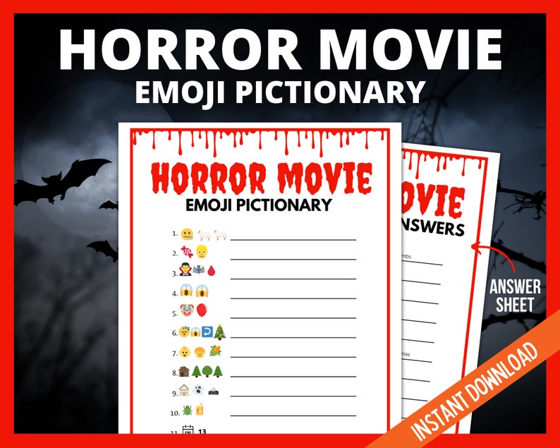 Halloween Horror Movie Emoji Pictionary, Halloween Printable Game, Halloween Trivia, Scary Movie Trivia, Halloween Quiz, Teen Halloween Game image 1