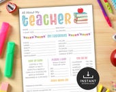 All About My Teacher, Favorite Things Printable, First Day of School Get to know the Teacher Questionnaire Team Building,Back to School Gift