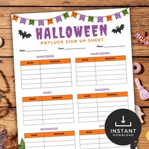 May include: A Halloween potluck sign-up sheet with a banner of orange, purple, and green flags. The sheet has sections for appetizers, main dishes, sides, desserts, beverages, and other. The words "Halloween Potluck Sign Up Sheet" are in purple. The image includes Halloween-themed decorations.