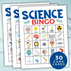 Bingokaarten wetenschap, afdrukbare wetenschap, bingo scheikunde, wetenschap klasspel, activiteit gekke wetenschapper, 30 afdrukbare bingokaarten wetenschap