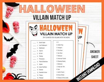 Halloween Movie Villain Match up, Halloween Printable Game, Halloween Trivia, Scary Movie Trivia, Halloween Party Quiz, Teen Halloween Game