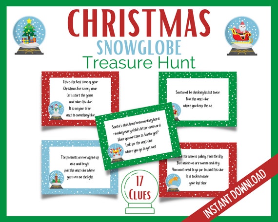 Christmas Snow Globe Indoor Scavenger Hunt, Christmas Treasure Hunt, Xmas Party Games, Christmas Clue Cards, Snowglobe Treasure Hunt Clues Il_570xn