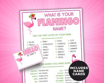 ¿Cuál es tu nombre de flamenco?, Juego imprimible con el nombre tropical, Actividad imprimible para romper el hielo, Juego de fiesta tropical, Baby Shower con flamencos