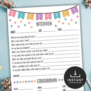 Get to Know You Birthday Questionnaire, Kids Birthday Interview, Printable Questions, All About Me Survey,  Birthday Keepsake, Birthday Game