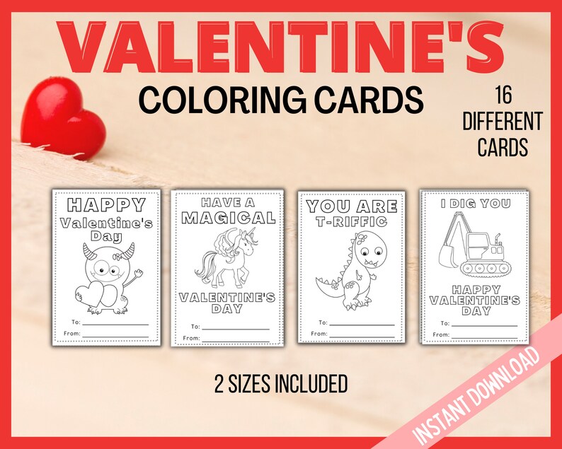 Valentine Coloring Cards, Printable Valentine's Day Cards, Kids Valentines Cards, Printable Coloring Valentines Cards, Classroom Cards image 3