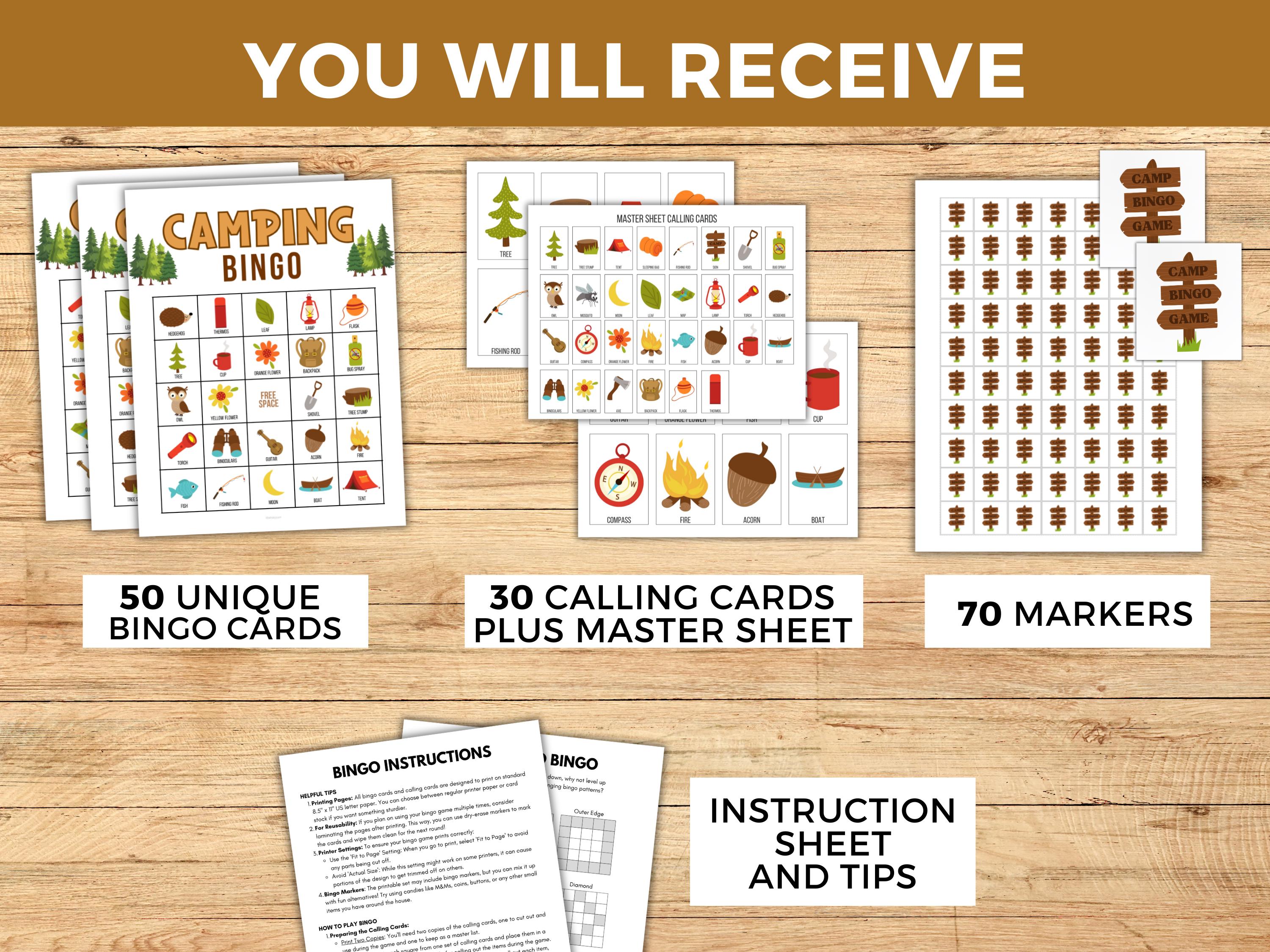 Camping Bingo, Group Game, 50 Printable Camp Game Bingo Cards, Summer ...