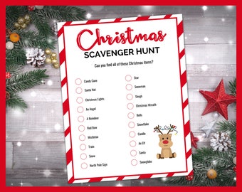 May include: A printable Christmas scavenger hunt checklist with a red and white striped border. The checklist includes items like a candy cane, Santa hat, Christmas lights, an angel, a reindeer, a red bow, a star, a snowman, a sleigh, a Christmas wreath, bells, a snowflake, a candle, mistletoe, an elf, a train, Santa, snow, a North Pole sign, and a snow globe. A cartoon reindeer illustration is in the bottom right corner.