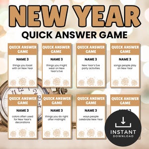 Juego de respuestas rápidas de Año Nuevo, Juego de pensar rápido en las fiestas, Juego imprimible familiar de Nochevieja, Regla del juego de los seis segundos, Actividad festiva