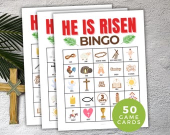 Osterbingospiel, Er ist auferstandenes Bingo, Osterklassenzimmer, Auferstehungsgruppenspiel, 50 druckbare Bingokarten, Kirche, religiöses, katholisches Spiel