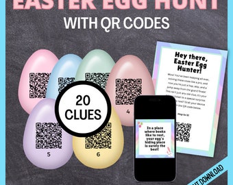 Búsqueda del tesoro de Pascua con código QR para adolescentes, búsqueda del tesoro de huevos de Pascua con códigos QR, búsqueda de códigos QR de pistas ocultas, búsqueda de Pascua imprimible para niños