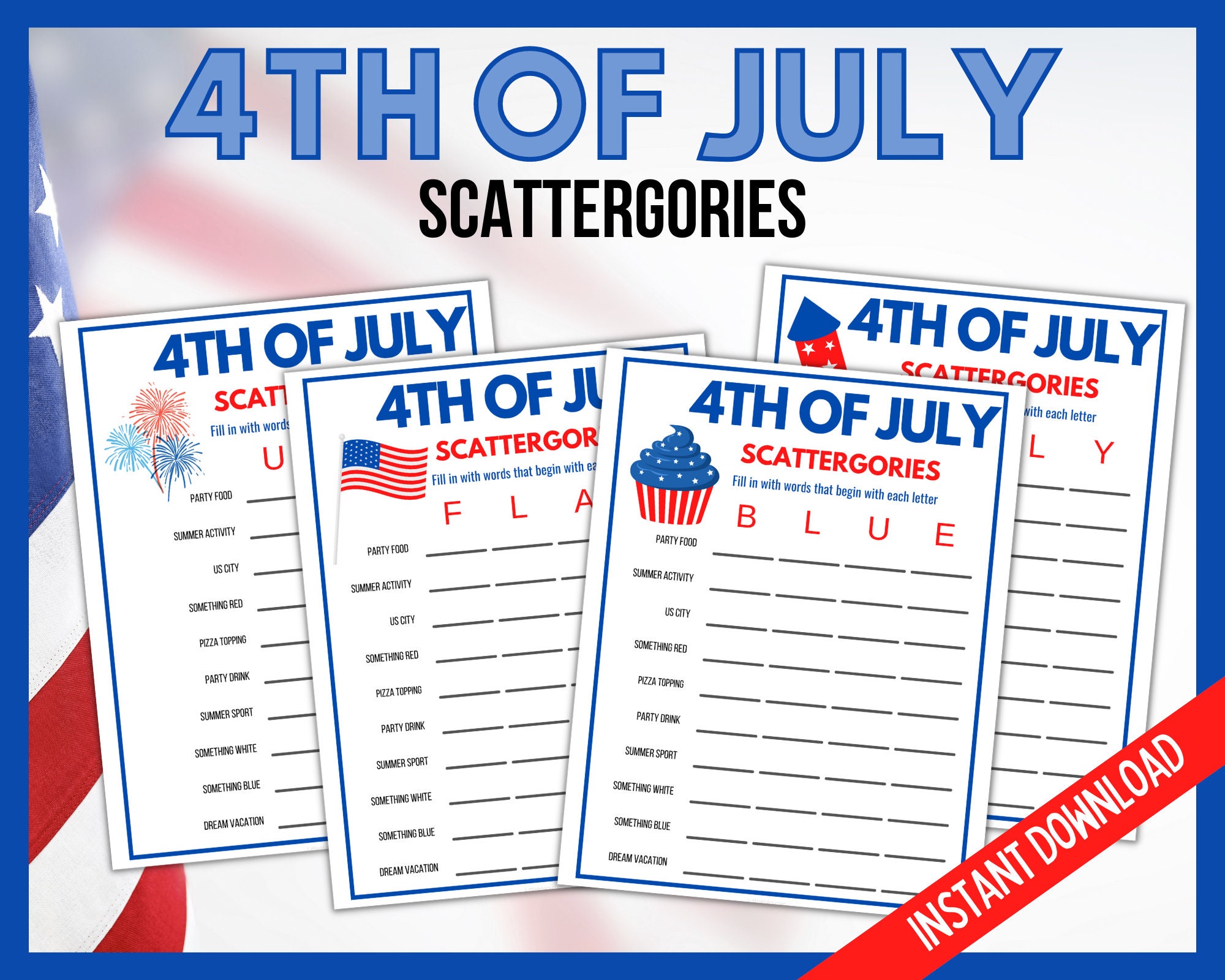 Scattergories Printable Game 4th of July Gamesfourth of July - Etsy